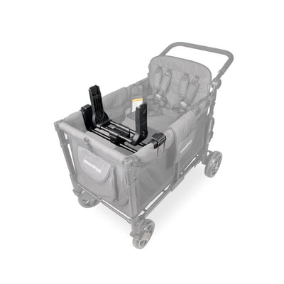 Cybex/Nuna/Maxi-Cosi car seat adapter for Wonderfold W4 Series stroller, featuring a black frame and secure attachments.