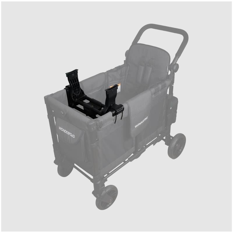 Wonderfold W4 Series Car Seat Adapter installed in a stroller, designed for Cybex, Nuna, and Maxi-Cosi car seats.