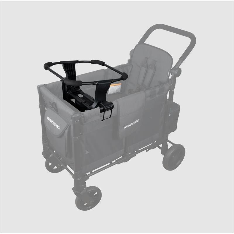 Wonderfold W4 Series Car Seat Adapter compatible with Cybex, Nuna, and Maxi-Cosi, mounted on a stroller frame.