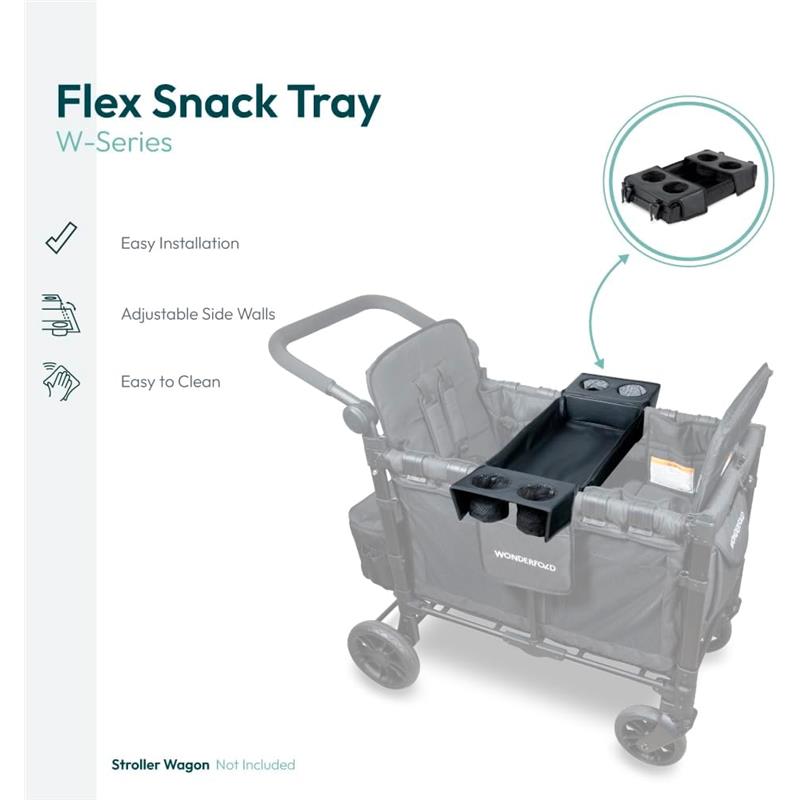 Flex Snack Tray for Wonderfold W-Series stroller, featuring adjustable side walls and cup holders, easy to install and clean.