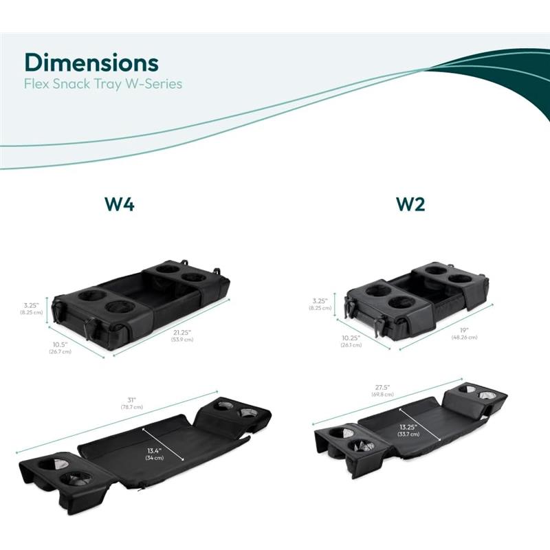 Flex Snack Tray dimensions for Wonderfold W1/W2 models, showing measurements and design with cup holders.