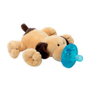 WubbaNub infant pacifier featuring a plush brown puppy with a blue pacifier attached.