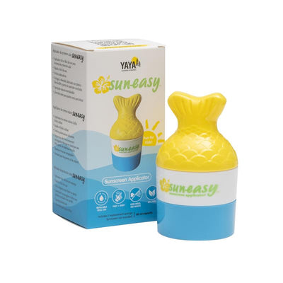 Yaya Organics Sun-Easy Sunscreen Applicator in fish tail design, blue bottom, yellow top; includes refillable feature for easy sunscreen application.