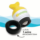 Sunscreen applicator in fish tail design, pink top with yellow fins, includes an extra black foam applicator.