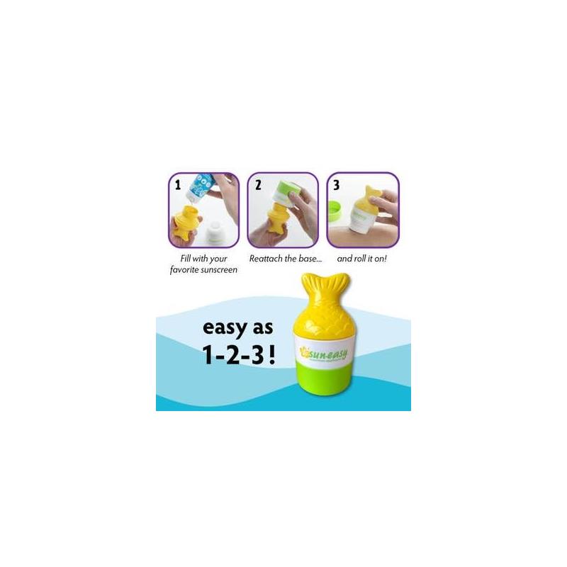 Yaya Organics Sun-Easy Sunscreen Applicator in fish tail shape, yellow color, demonstrates three-step filling process for sunscreen use.