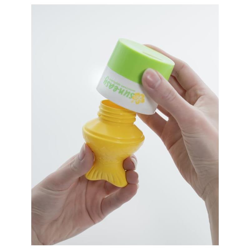 Yaya Organics Sun-Easy Sunscreen Applicator, a yellow fish-tail bottle being opened, revealing contents inside.