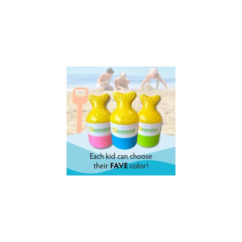 Yaya Organics Sun-Easy sunscreen applicators in yellow, pink, blue, and green, with a beach backdrop and text about color choices.