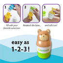 Yaya Organics Sun-Easy Sunscreen Applicator shaped like a teddy bear, demonstrating easy sunscreen application steps.