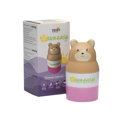 Yaya Organics Sun-Easy Sunscreen Applicator in pink teddy bear shape, featuring a refillable roll-on design for easy application.