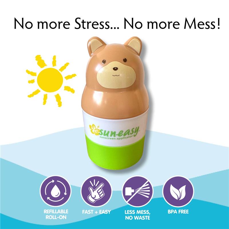 Yaya Organics Sun-Easy Sunscreen Applicator, designed like a pink teddy bear, emphasizes a stress-free, mess-free application.