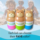 Yaya Organics Sun-Easy Sunscreen Applicator in pink, green, and blue bear designs with cheerful children in the background.