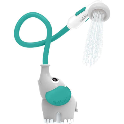 Green Yookidoo Baby Bath Shower Head shaped like an elephant, with a trunk spout rinser dispensing water.