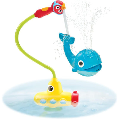 Yookidoo Submarine Spray Whale features a yellow submarine with a blue whale spraying water, engaging children during bath time.
