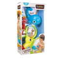 Yookidoo Submarine Spray Whale bath toy set featuring a blue whale, mirror, and child engaging in play. Suitable for ages 2-6.