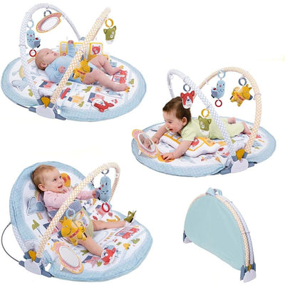 Three-in-one Yookidoo Baby Gym with colorful toys, mirror, and playmat; designed for infants to lay, sit, and play.