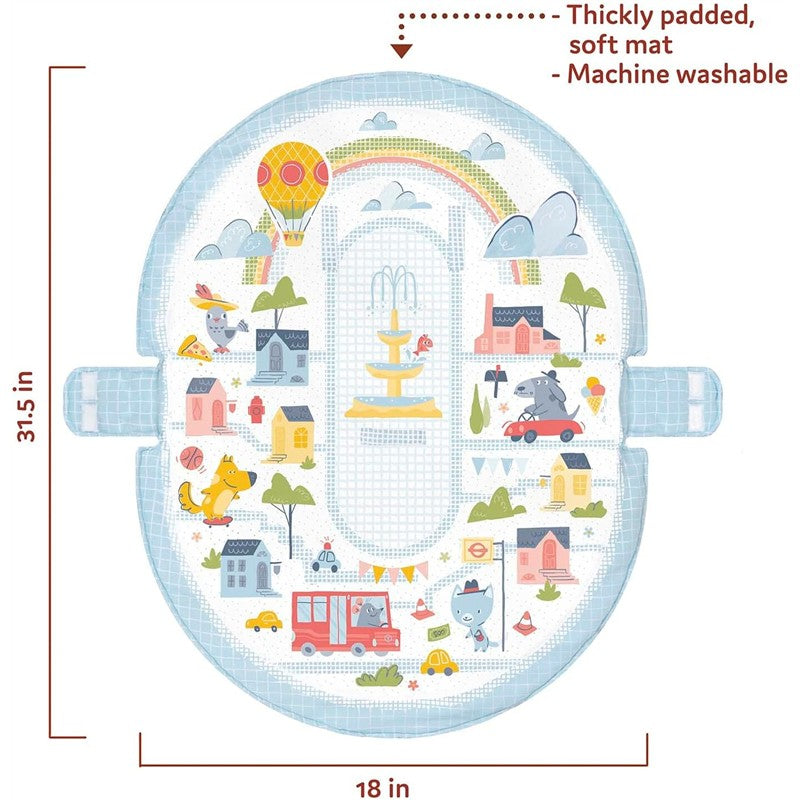 Thickly padded, machine-washable baby playmat featuring colorful illustrations of animals, houses, and a fountain. Size: 31.5 x 18 in.