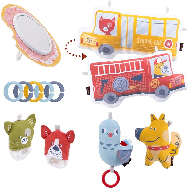 Colorful soft toys and accessories for a baby gym, featuring vehicles and animal designs, promoting play and sensory exploration.
