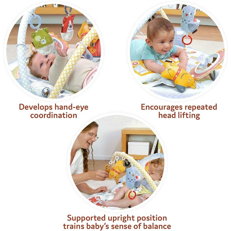 Yookidoo Baby Gym Lay to Sit-Up Playmat, featuring colorful toys, promotes hand-eye coordination and head lifting.