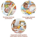 Yookidoo Baby Gym Lay to Sit-Up Playmat, featuring colorful toys, promotes hand-eye coordination and head lifting.