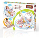 Yookidoo Baby Gym Lay to Sit-Up Playmat 3-in-1 Activity Center with colorful patterns, toys, and two babies in different play stages.