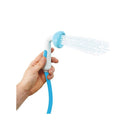Handheld bath sprayer for babies, featuring a white and blue design, emitting water from multiple nozzles.