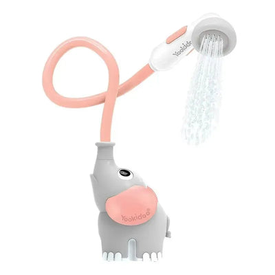 Pink elephant-shaped baby shower toy from Yookidoo, featuring a hose and water spray function for bath time fun.