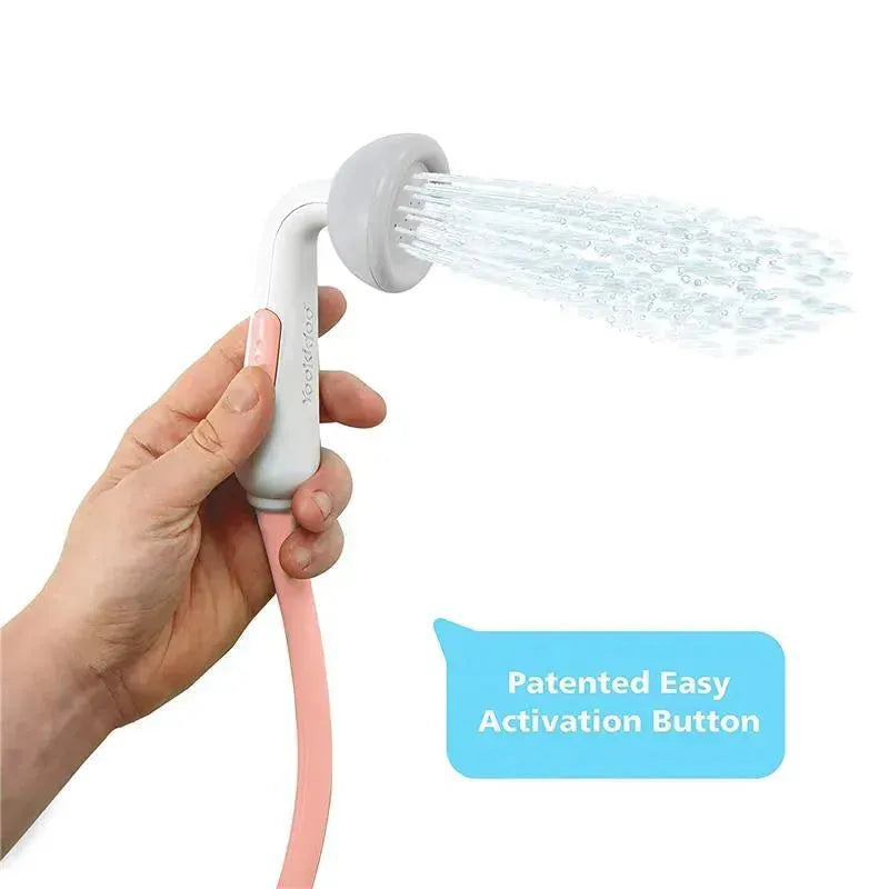 Yookidoo Elephant Baby Shower handheld showerhead with patented easy activation button, spraying water from a gray nozzle.