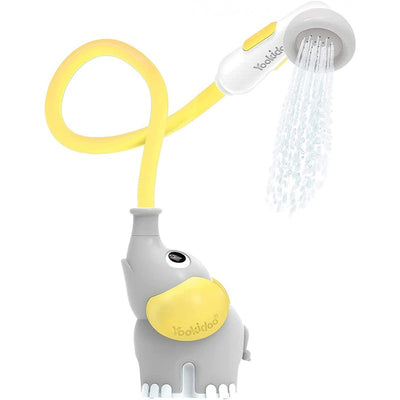 Yookidoo Elephant Baby Shower toy in yellow and gray, featuring a spray nozzle and flexible hose for bath time fun.