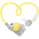 Yookidoo Elephant Baby Shower, a gray elephant-shaped water sprayer with a yellow hose, emitting water from the nozzle.