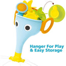 Colorful blue elephant-shaped bath toy with sprouting accessories, designed for water play and easy storage.