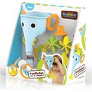 Blue elephant-shaped bath toy with two handles, sprinkles water, surrounded by colorful accessories and a child.
