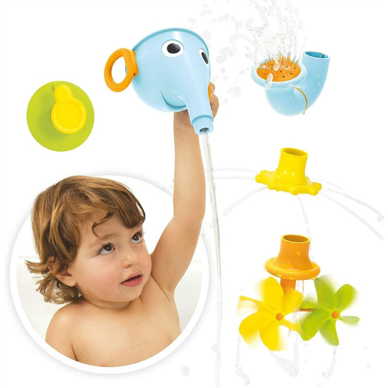 Interactive bath toy set featuring a blue elephant design, a child holding it, and colorful sprouting elements.