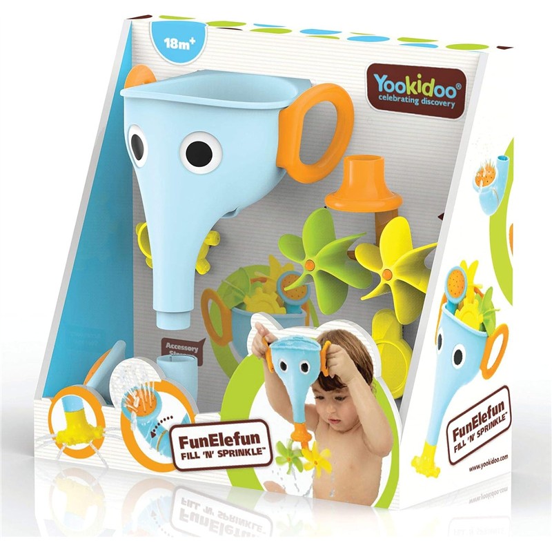 Blue elephant-shaped bath toy with colorful accessories, including sprouting flowers, for fun water play. Suitable for ages 18 months and up.