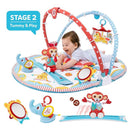 Yookidoo Gymotion Circus Playland featuring a smiling baby on colorful play mat with toys including a monkey and elephant.