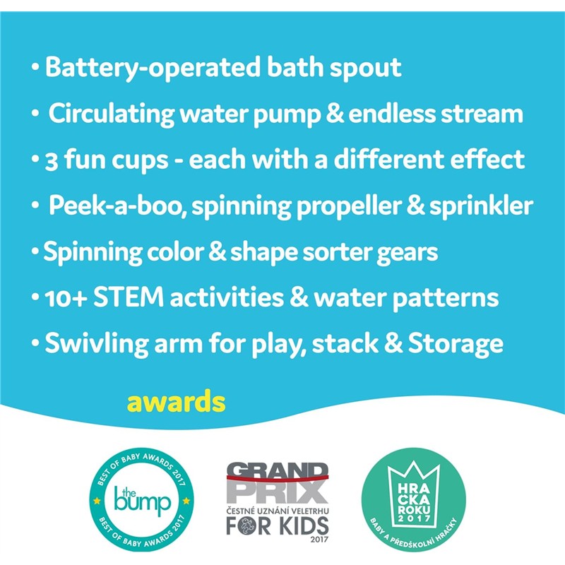 Battery-operated bath spout with fun cups, spinning propeller, and shape sorters; includes STEM activities and multiple awards.