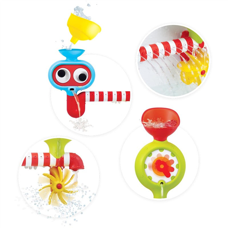 Colorful Yookidoo Submarine Spray Station featuring a funnel, water flow mechanism, rotating flower, and spouting elements.