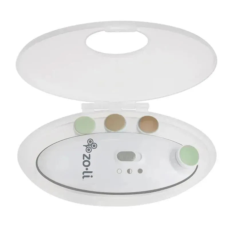 Electric baby nail trimmer in a white case with interchangeable sanding tips and control buttons.