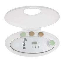 Electric baby nail trimmer in a white case with interchangeable sanding tips and control buttons.