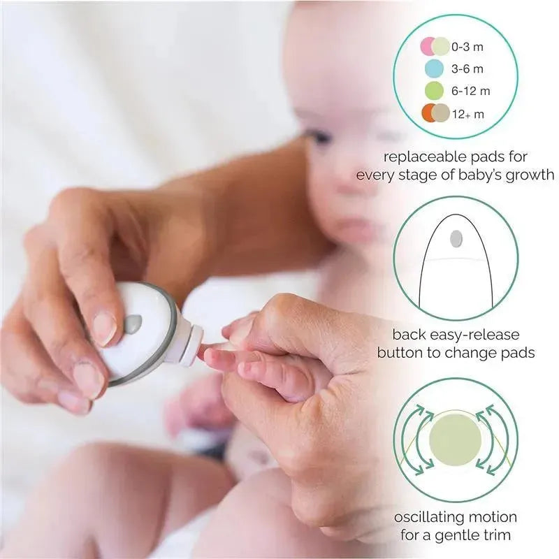 Electric baby nail trimmer Zoli Buzz B held by a caregiver, gently trimming a baby’s nail, with visible features and instructions.