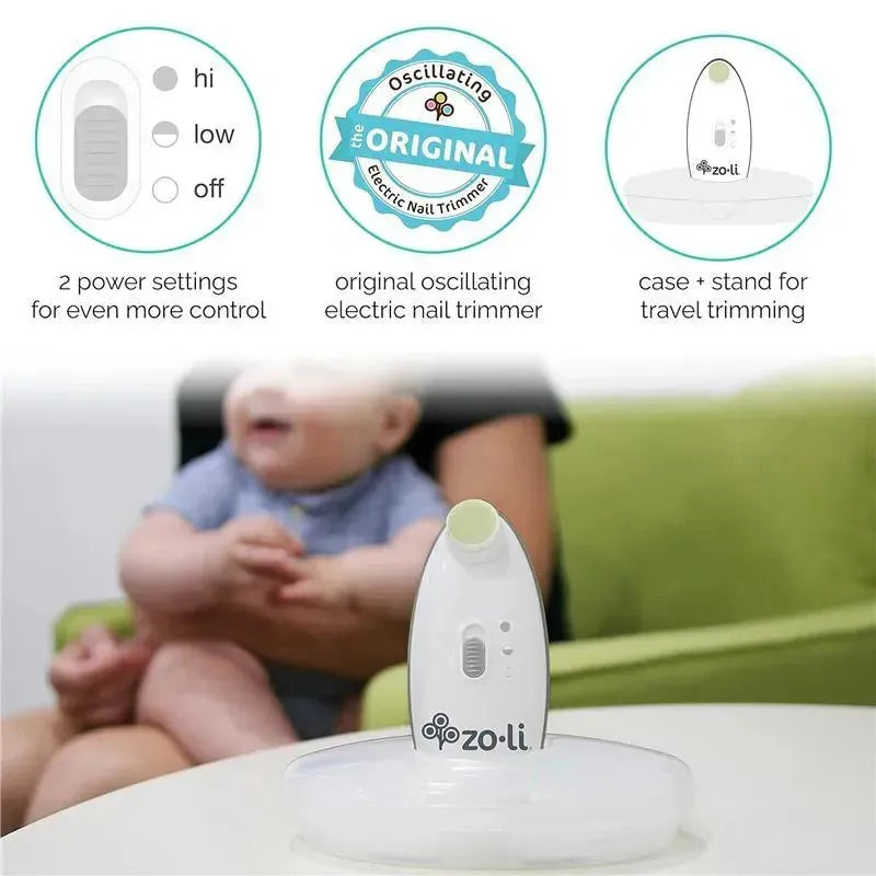 Zoli Buzz B Electric Baby Nail Trimmer with power settings, placed on a stand, near a smiling baby.