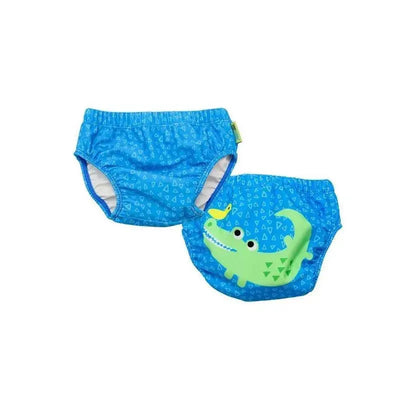 Knit swim diaper set featuring two blue designs, one with a triangle pattern and the other with a friendly alligator graphic.