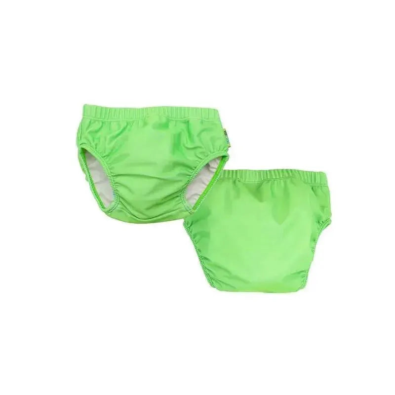 Two green knit swim diapers from Zoocchini, part of the Aidan The Alligator 2Pk Set, showcasing elastic waistbands.