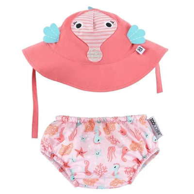 Baby swim diaper and sun hat set featuring Sally the Seahorse, in pink with ocean-themed designs and playful accents.