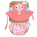Baby swim diaper and sun hat set featuring a pink seahorse-themed hat with straps and a matching diaper adorned with sea creatures.