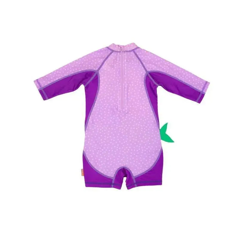 Purple one-piece surf suit for baby girls, featuring a mermaid design with a back zipper and polka dot pattern.