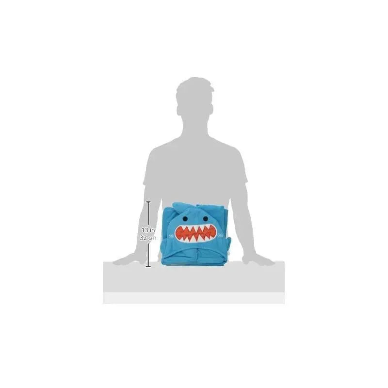 Hooded towel shaped like a shark, featuring a blue exterior and red teeth, measuring 13 inches in height.