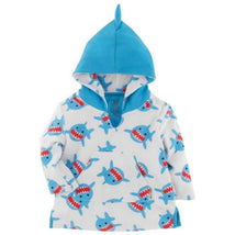Terry fabric swim coverup for babies with a shark design, featuring a blue hood and front pocket. Suitable for ages 12/24 months.