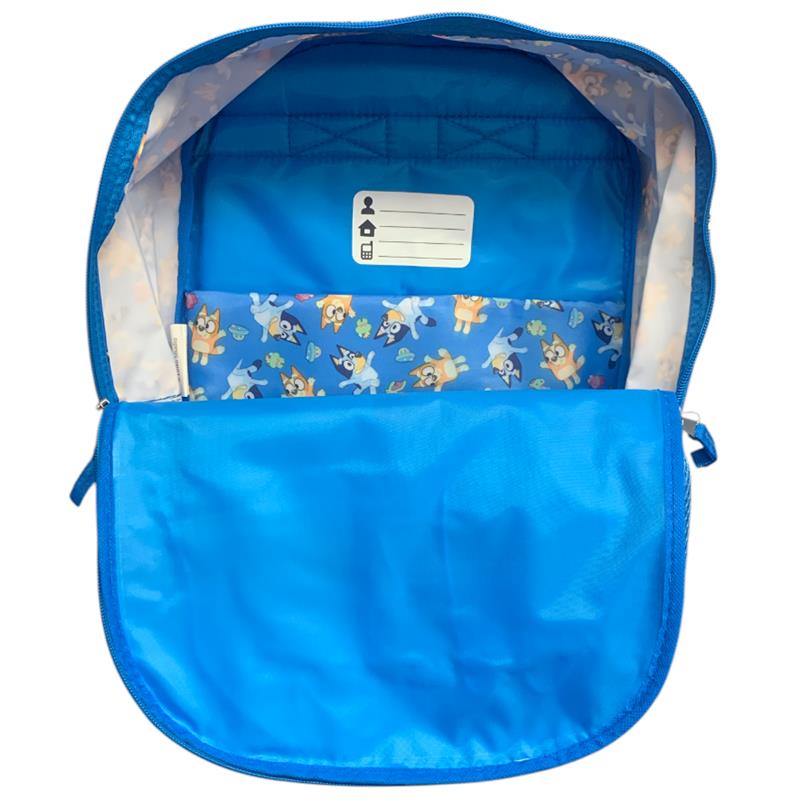 Blue backpack featuring licensed Bluey characters, with an insulated lunch bag inside and a name label visible.