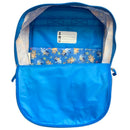 Blue backpack featuring licensed Bluey characters, with an insulated lunch bag inside and a name label visible.