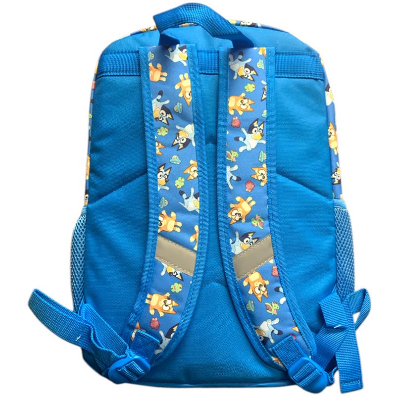 Blue backpack featuring a colorful Bluey character pattern, designed for children with adjustable straps.